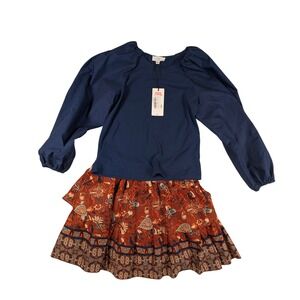 A Loves A Girls Navy Puff Sleeve Top and Floral Tiered Skirt Set Kids Size Large